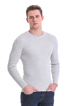 Gri Slim Fit Fitilli Bisiklet Yaka Yünlü Triko Kazak | M