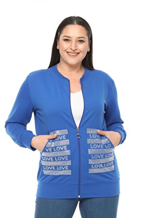 Kadın Büyük Beden Love Taş Baskı Detaylı Fermuarlı Mavi Sweatshirt