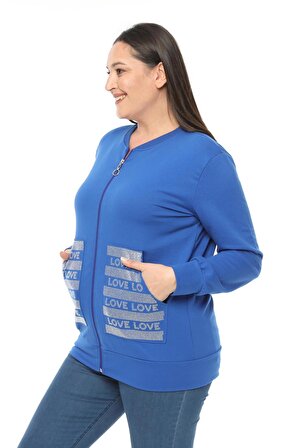 Kadın Büyük Beden Love Taş Baskı Detaylı Fermuarlı Mavi Sweatshirt