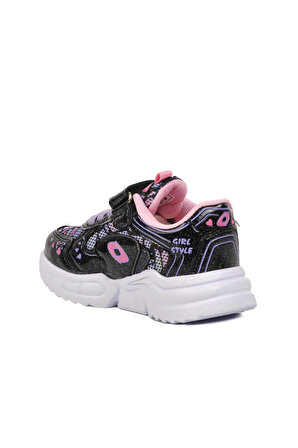 Ayakmod 732-P Siyah-Pembe-Lila Kalp Desenli Kız Çocuk Spor Ayakkabı