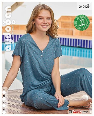 Bayan Bambu Düğmeli Kısa Kol Pijama Takımı