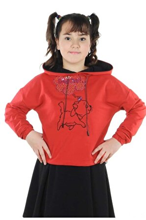 Kız çocuk kapşonlu crop sweatshirt minah-06040001