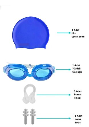 4lü Set Havuz Deniz Yüzücü Gözlüğü Boneli Tıkaçlı UV Korumalı Yüzme Seti