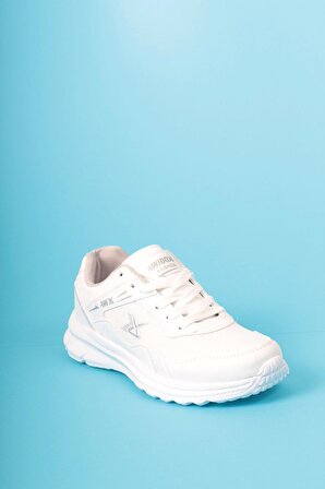 Beyaz Gümüş Cilt Poli Taban Bağcıklı Spor Ayakkabı