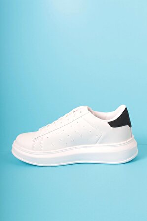 Beyaz -Siyah Poli Yüksek Taban Bağlı Cilt Spor Ayakkabı