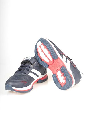 Lacivert-Kırmızı Cırtlı Süs Bağcıklı Çocuk Spor Ayakkabı