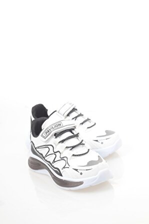 Beyaz-Siyah Gümüş Detaylı Cırtlı Çocuk Spor Ayakkabı