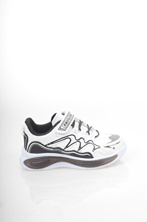 Beyaz-Siyah Gümüş Detaylı Cırtlı Çocuk Spor Ayakkabı