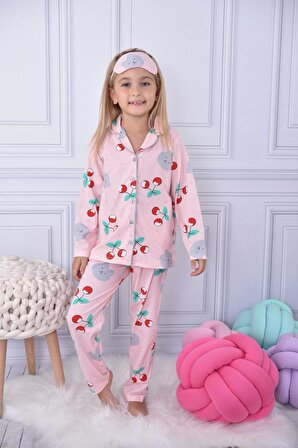 Kız Çocuk Kirazlı Pijama Takımı - Beden Tablosu Resimlerde Mevcuttur