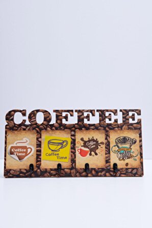 Deep Creative Duvar Askılığı 4 Askılı Doğal Ahşap Uv Baskılı Coffee