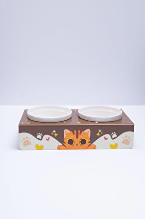 Petmagic Akrilik Pleksi Evcil Hayvan Beyaz Seramik Kaseli Kedi Mini Köpek Mama Su Kabı - Kahve Cat