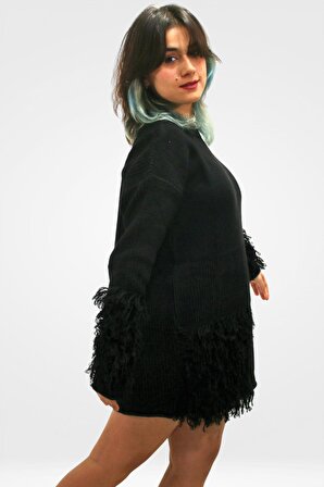 Kadın Triko Elbise Kazak Püskül Detaylı Siyah Günlük ve Gece Kullanıma Uygun