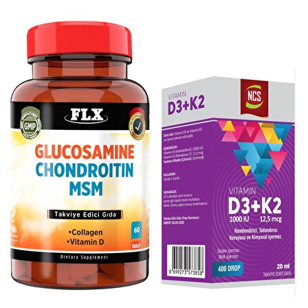 Flx Glucosamine Chondroitin MSM 60 Tablet + Ncs Vitamin D3 Vitamin K2 20 Ml