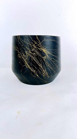 Bitki Tasarımı Siyah Üzeri Gold Keskin Hatlı Toprak Saksı Saksılık 15 cm
