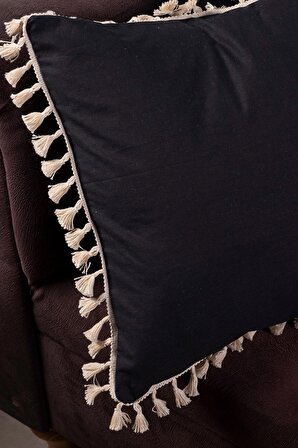 Vivamaison Tekli Özel Tasarım Yüzde Yüz Pamuk Siyah Ponponlu Kırlent Yastık Kılıfı 43x43 cm