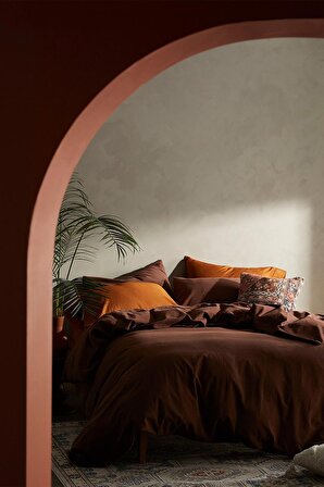 Vivamaison Pamuk Keten Yıkanmış Kahverengi Renk Tek Kişilik Nevresim Yastık Seti 160x220 cm