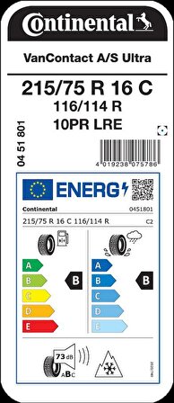 Continental 215/75 R16C 116/114R VanContact A/S Ultra 10PR Hafif Ticari Dört Mevsim Lastiği Üretim 2024