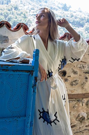 Vivamaison Natural Kimono Bornoz %100 Pamuk Müslin El Yapımı Taş Baskı Kaftan Göz