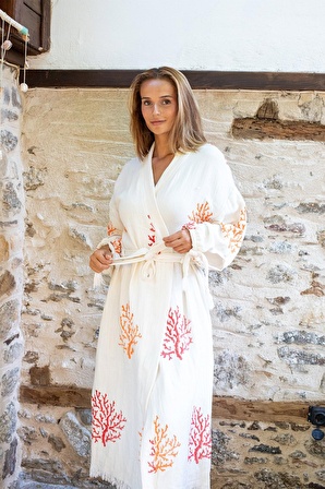 Vivamaison Natural Kimono Bornoz %100 Pamuk Müslin El Yapımı Taş Baskı Kaftan Mercan