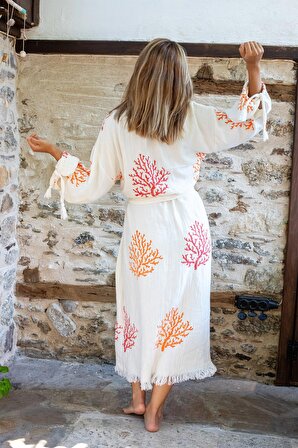 Vivamaison Natural Kimono Bornoz %100 Pamuk Müslin El Yapımı Taş Baskı Kaftan Mercan