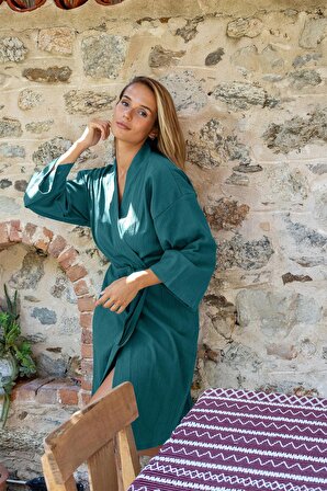 Vivamaison Şile Bezi %100 Pamuk Kimono Bornoz Düz Koyu Yeşil