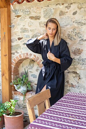 Vivamaison Şile Bezi %100 Pamuk Kimono Bornoz Düz Siyah
