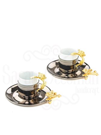 Bakır Kahve Fincanı Porselen Kahve Fincanı Altın Japon Gülü Çizgili 2'li Kahve Fincanı Siyah