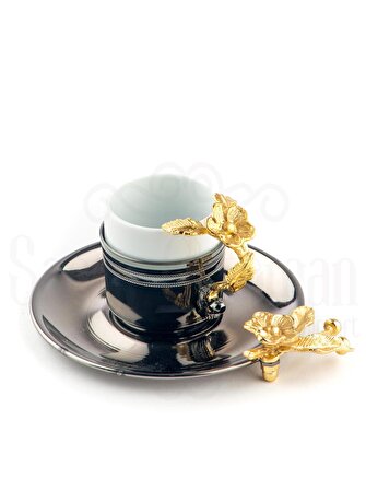 Bakır Kahve Fincanı Porselen Kahve Fincanı Altın Japon Gülü Çizgili 2'li Kahve Fincanı Siyah