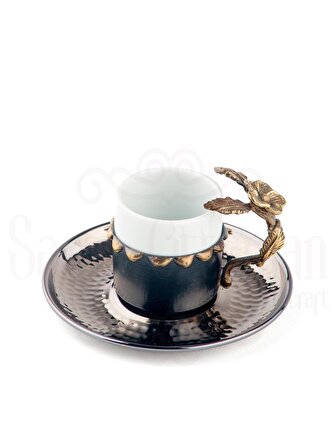Bakır Kahve Fincanı Porselen Kahve Fincanı Japon Gülü 2'li Kahve Fincanı Mat Siyah