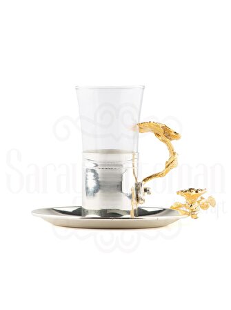 Bakır Çay Bardağı Cam Çay Bardağı Altın Japon Gülü Çizgili 6'lı Çay Bardağı Nikel