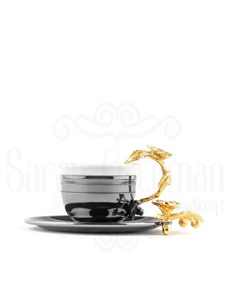 Altın Japon Gülü Dikdörtgen Tepsi + 6'lı Çizgili Kahve Fincanı Siyah