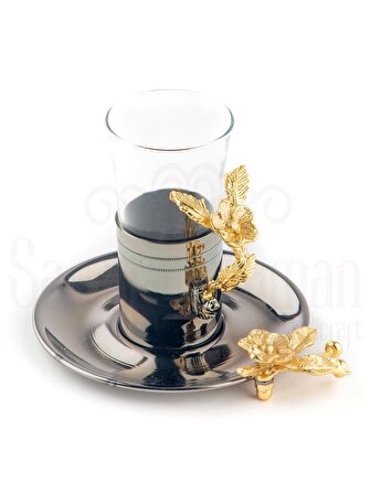 Altın Japon Gülü Dikdörtgen Tepsi + 6'lı Çizgili Çay Bardağı Siyah