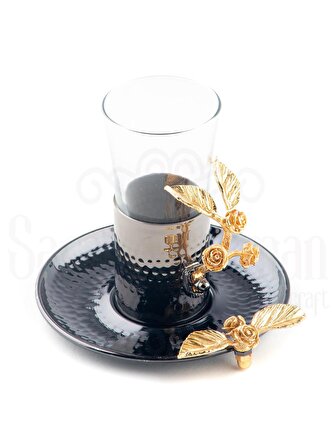 Altın Güllü Dikdörtgen Tepsi + 6'lı Çay Bardağı Siyah