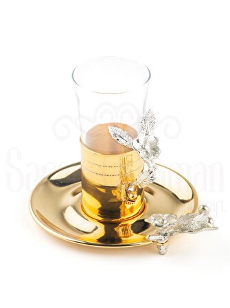 Nikel Japon Gülü Baton Tepsi + 4'lü Çizgili Çay Bardağı Altın