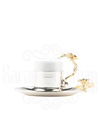 Altın Japon Gülü Dikdörtgen Tepsi + 6'lı Çizgili Kahve Fincanı Nikel