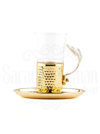 Nikel Tüylü Dikdörtgen Tepsi + 6'lı Çay Bardağı Altın