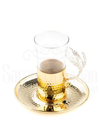 Nikel Tüylü Dikdörtgen Tepsi + 6'lı Çay Bardağı Altın