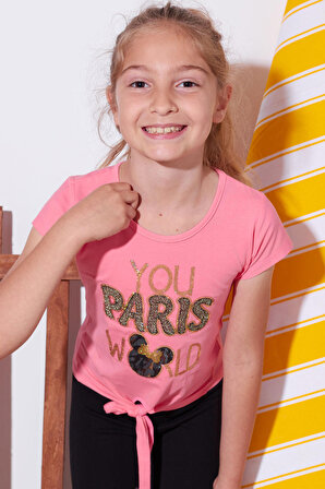 Kız Çocuk Pembe Pullu Yazı Baskı 4-11 Yaş T-Shirt 4809-2