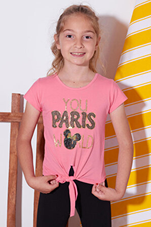Kız Çocuk Pembe Pullu Yazı Baskı 4-11 Yaş T-Shirt 4809-2