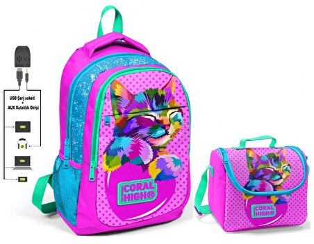 Coral High Pembe Sevimli Kedi Okul ve Beslenme Çantası - Kız Çocuk  - USB Soketli