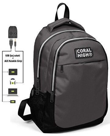 Coral High Siyah-Gri Okul ve Beslenme Çantası - Erkek Çocuk  - USB Soketli
