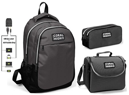 Coral High Erkek Çocuk Siyah-Gri 3'lü Çanta Takımı - USB Soketli