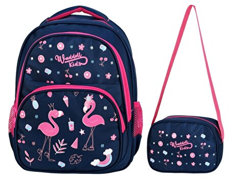 Waddell Lacivert İkili Flamingo Kız Çocuk İlkokul Çantası, Okul Çanta Seti