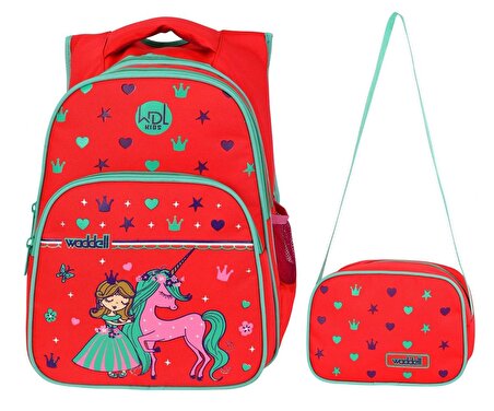 WaddellBag Kız Çocuk Kırmızı Unicorn İlkokul Sırt Çanta Seti WDL Kids