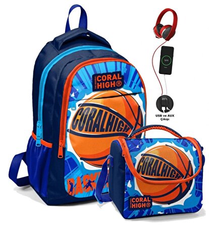 Coral High Erkek Çocuk Okul Çantası ve Beslenme Çantası Seti - Mavi Kırmızı Basketbol