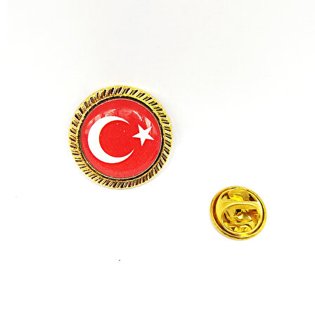Yuvarlak Gold Renkli Türk Bayraklı Yaka Rozeti  - 1 Adet