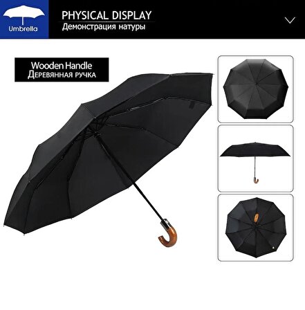 Lüx Doğal Ahşap Saplı Tam Otomatik Şemsiye Rüzgar Korumalı Fiber Şemsiye
