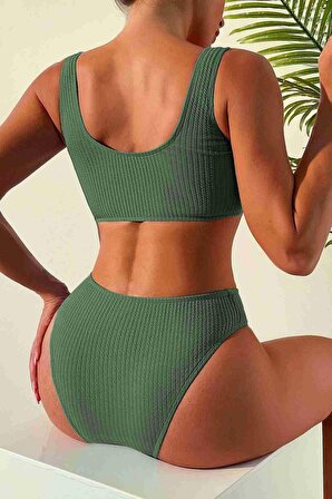 Alışveriş Express Yüksek Bel Tasarım Detaylı Yeşil Bikini Takımı