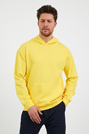 Erkek Kanguru Cepli Rahat Kalıp Kapüşonlu Spor Sweatshirt Sarı