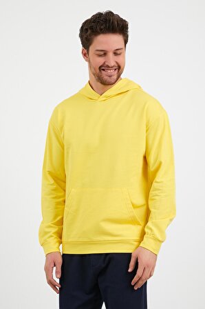 Erkek Kanguru Cepli Rahat Kalıp Kapüşonlu Spor Sweatshirt Sarı